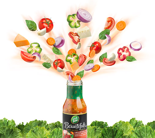Lori Anzalone Illustration - Food Illustrator of vegetables & cheese flying out of dressing bottle