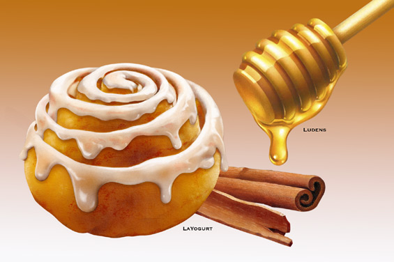 Lori Anzalone Illustration - Food Illustrator of frosted cinnamon bun, cinnamon sticks & dripping honey dipper