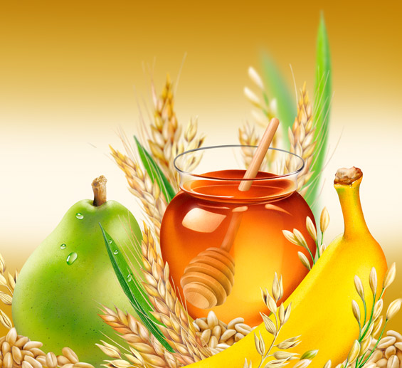Lori Anzalone Illustration - Food Illustrator of wheat, barley, oats, rice & grains with pear, banana, honey pot & dipper