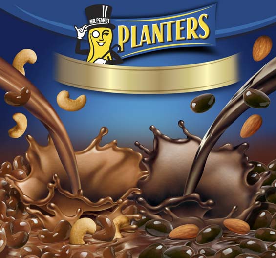 Lori Anzalone Illustration - Food Illustrator of almonds & cashews naked and enrobed in dark & milk chocolate splashes, pours