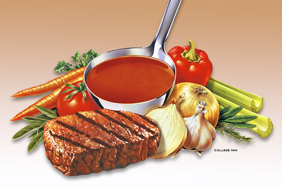 Lori Anzalone Illustration - Food Illustrator of steak with celery, onion, garlic, parsley, pepper, carrots, herbs, soup ladel