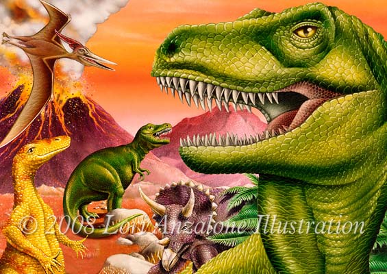 Lori Anzalone Illustration - Nature Illustrator of Volcano landscape with T-Rex, Pteradactyl, Duckbill, dinosaurs, tyranasaur