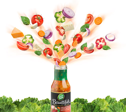 Lori Anzalone Illustration - Photo Based Illustrator of vegetables & cheese flying out of dressing bottle