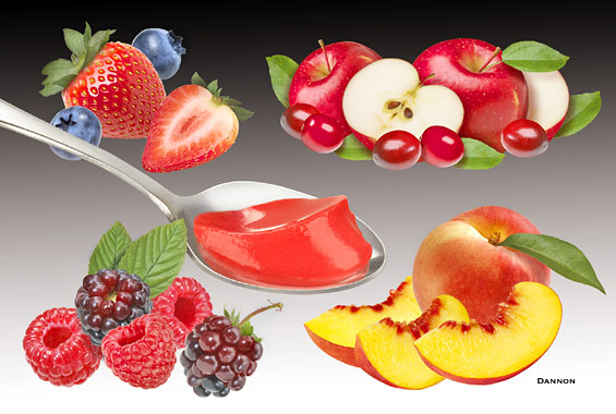 Lori Anzalone Illustration - Photo Based Illustrator of Spoon with pudding, peaches, raspberries, strawberries, blueberries, cranberries, apple