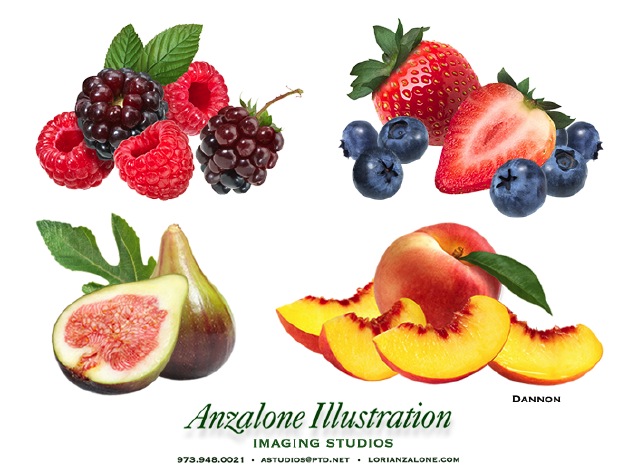Lori Anzalone Illustration - Photo Based Illustrator of Dannon uses grapes, peaches, raspberries, strawberries, blueberries, cranberries, figs in Activia products